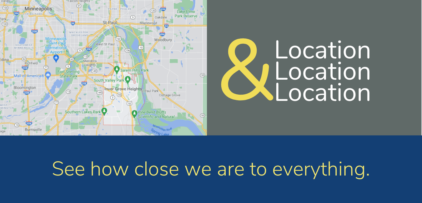 Website banner photo that says "See how close we are to everything" with Drive Time Map image
