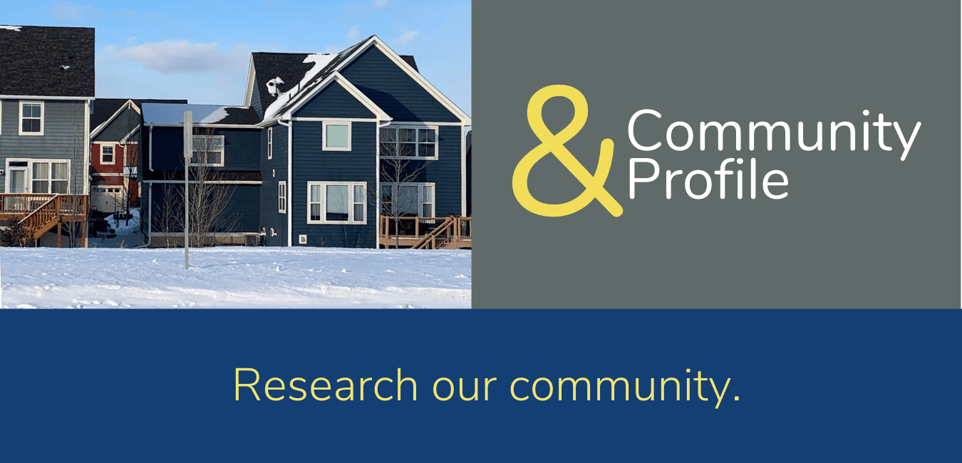 Photo of a house with "research our community" underneath