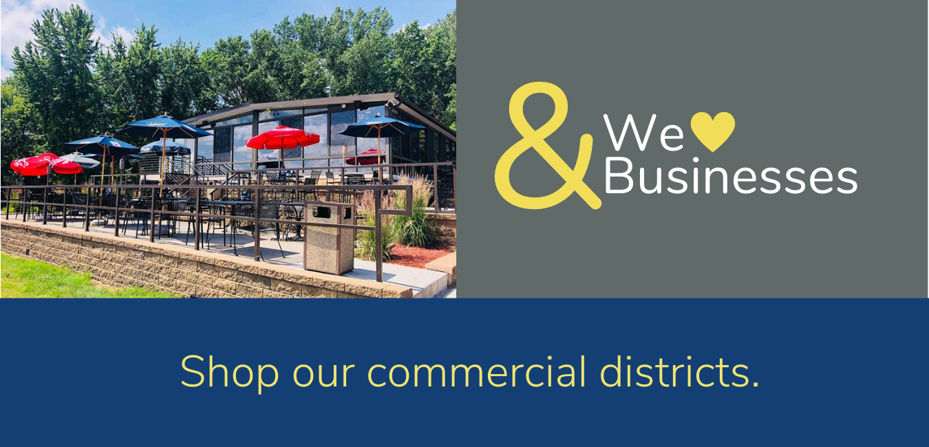Photo of restaurant with "Shop our commercial districts" underneath