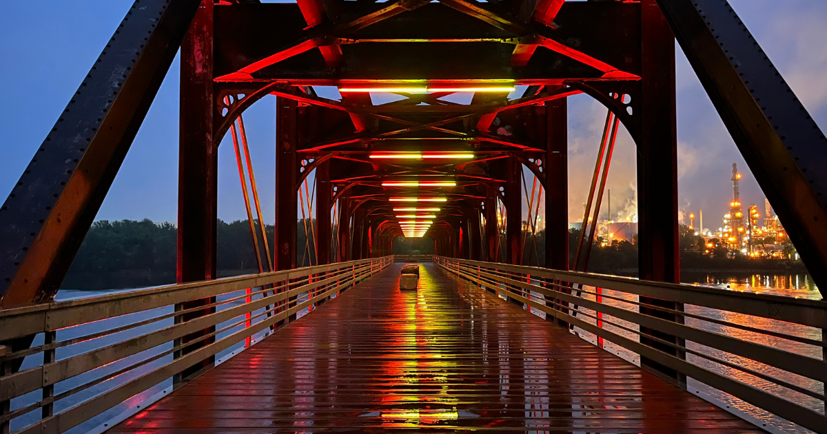 Interior of the Rock Island Swing Bridge with colorful LED lights