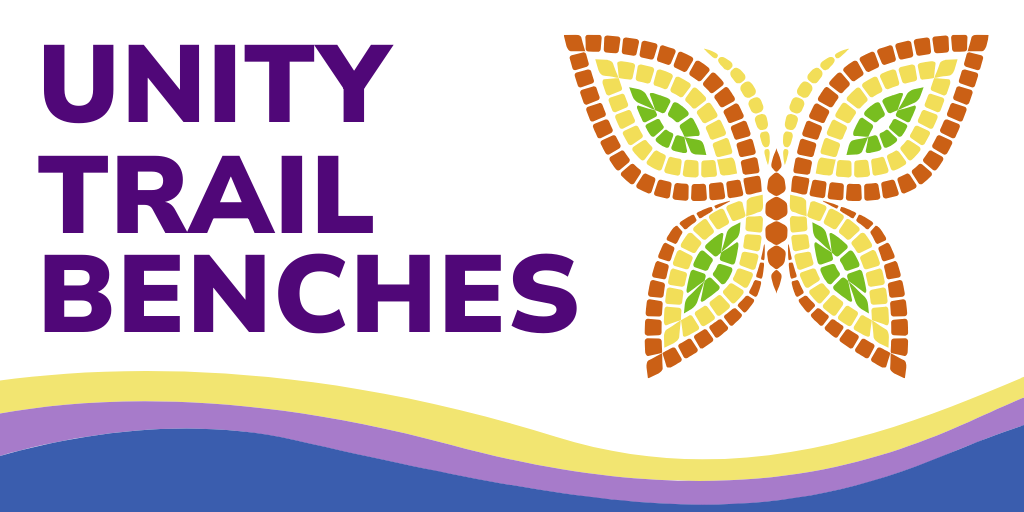 Unity trail benches with a mosaic butterfly graphic