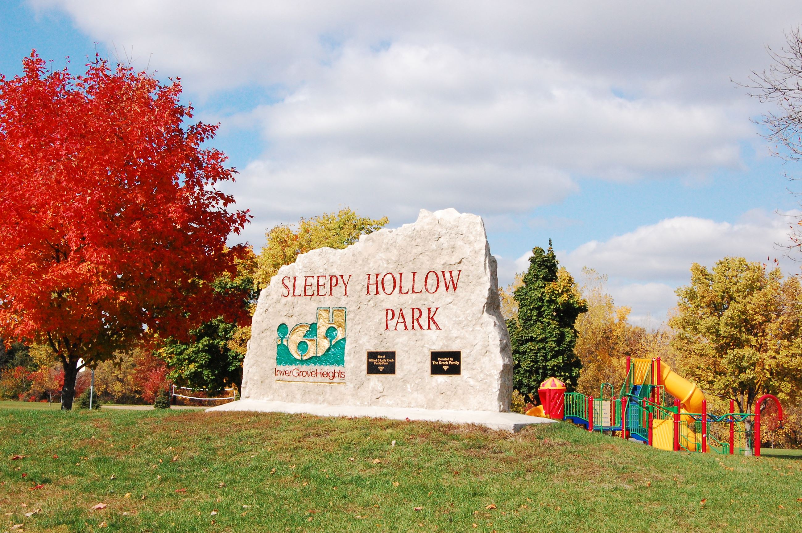 Sleepy Hallow Park sign in fall