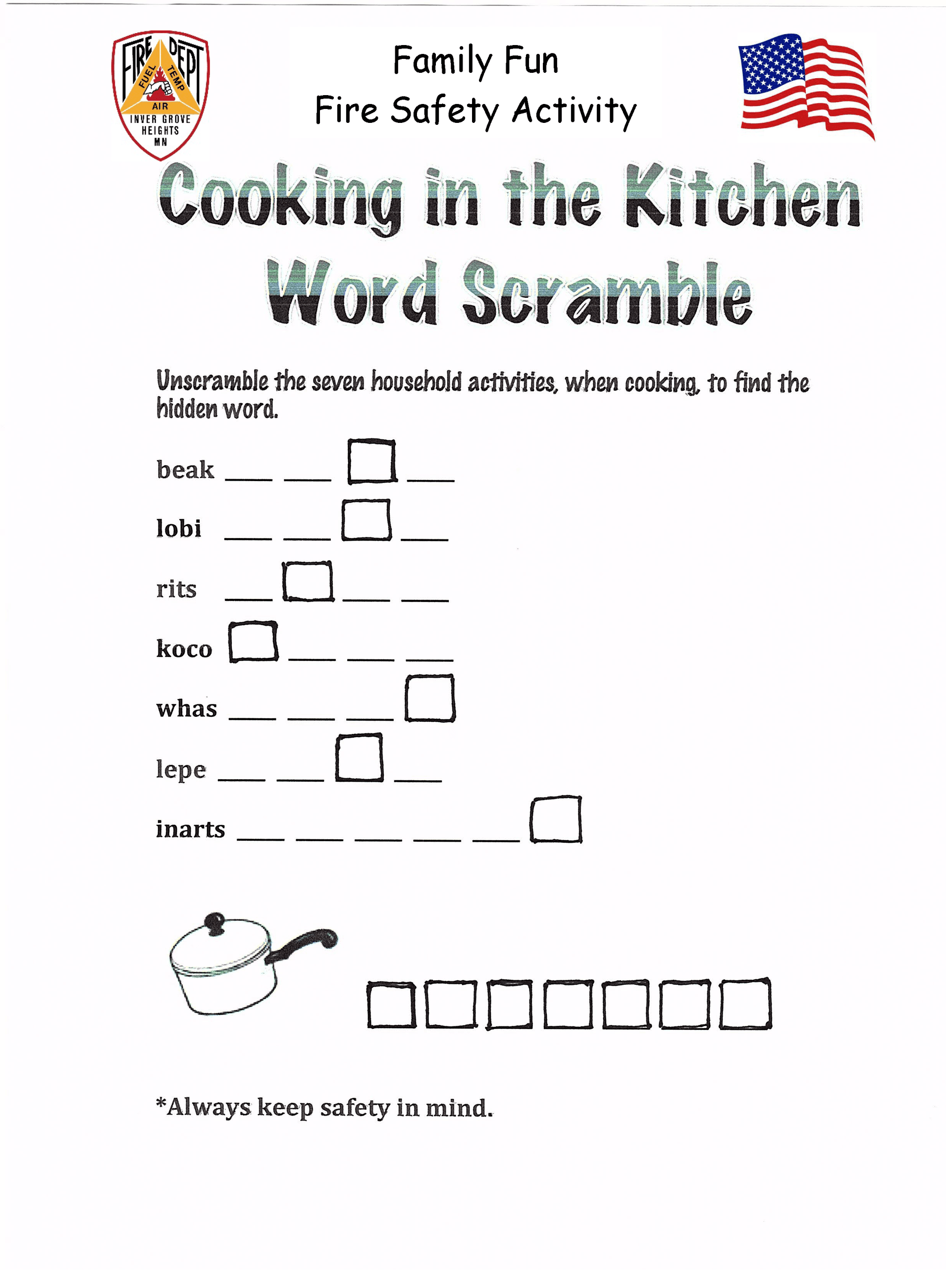 Family Fun Fire Safety Word Scramble Opens in new window