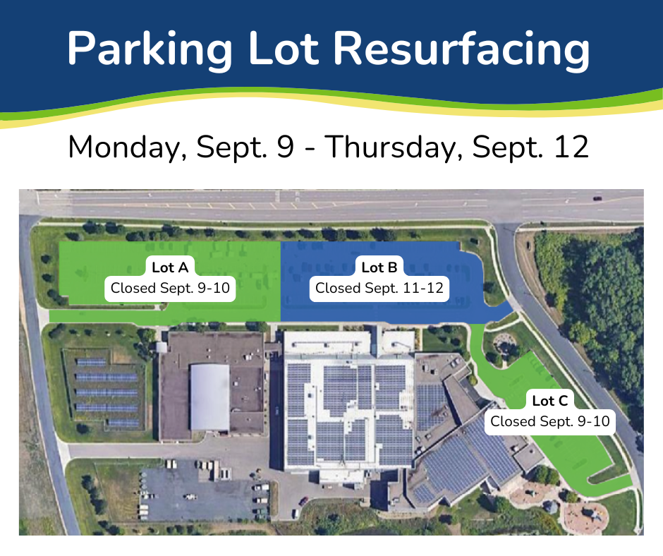 Graphic showing the stages of parking lot resurfacing September 9-12